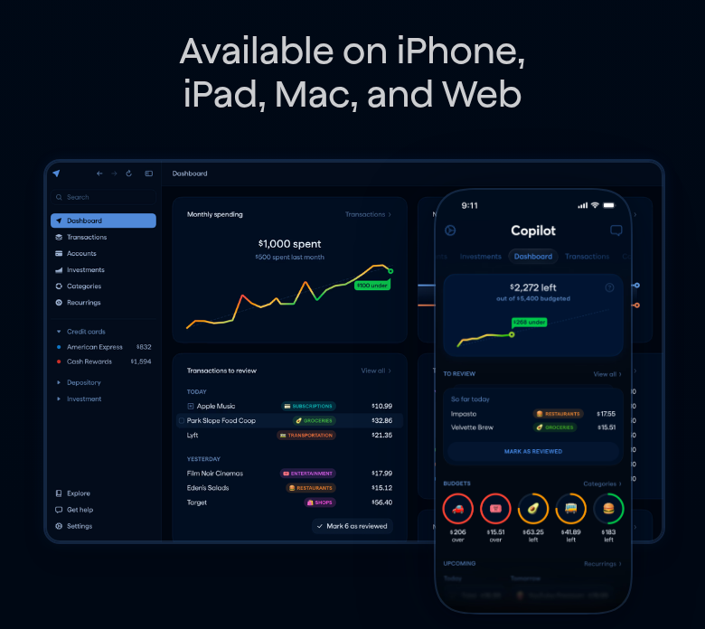 Available on iPhone, iPad, Mac, and Web section from Copilot Money, on a phone