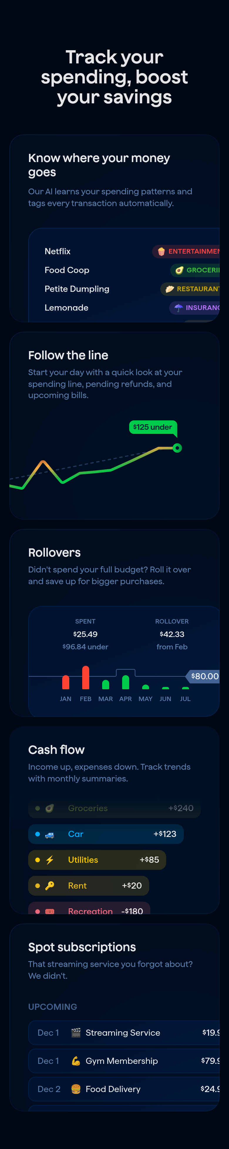 Track Your Spending, Boost Your Savings section from Copilot Money, on a phone