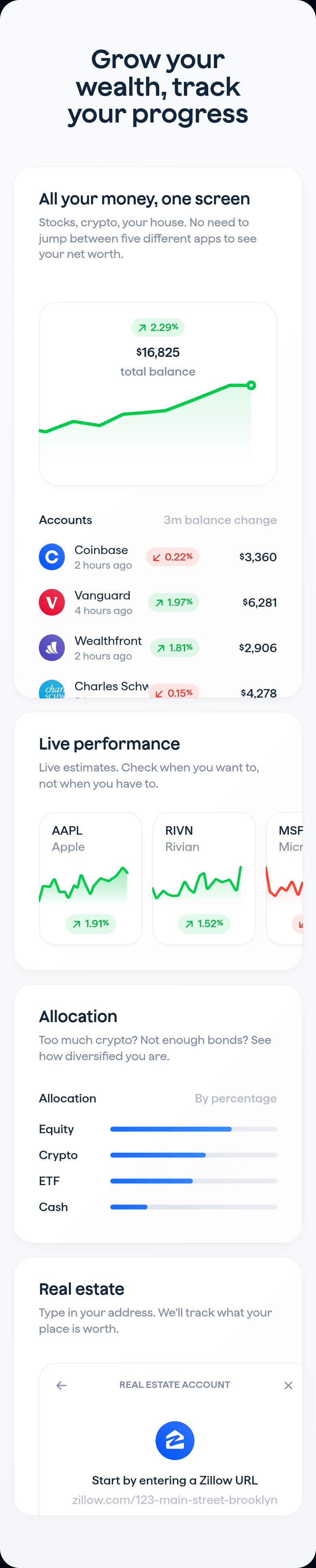 Grow Your Wealth, Track Your Progress section from Copilot Money, on a phone
