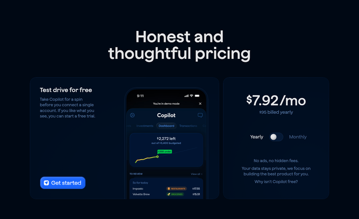 Honest and Thoughtful Pricing section from Copilot Money