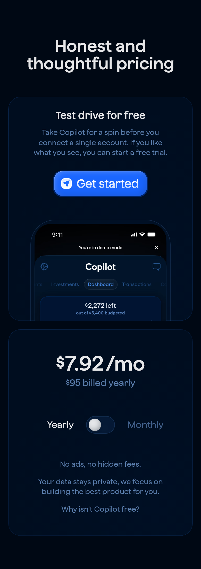 Honest and Thoughtful Pricing section from Copilot Money, on a phone