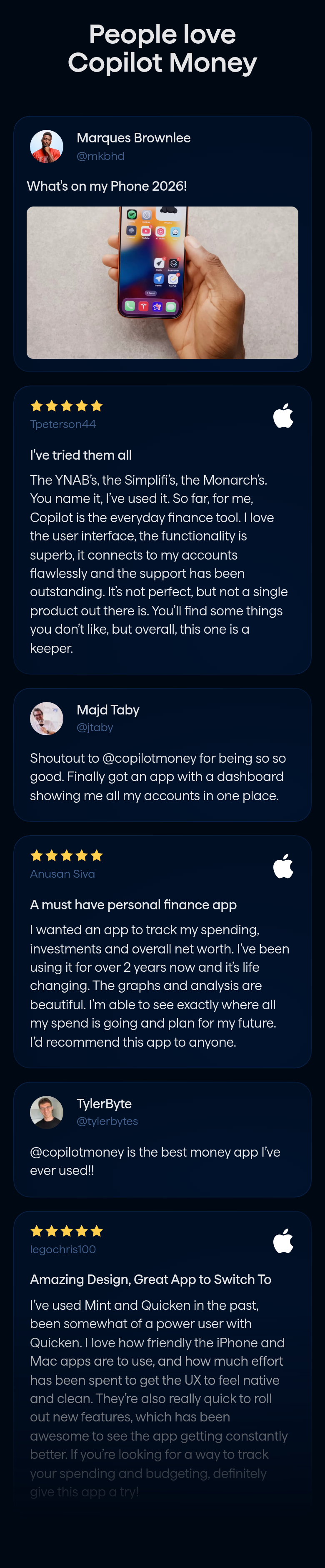 People Love Copilot Money section from Copilot Money, on a phone