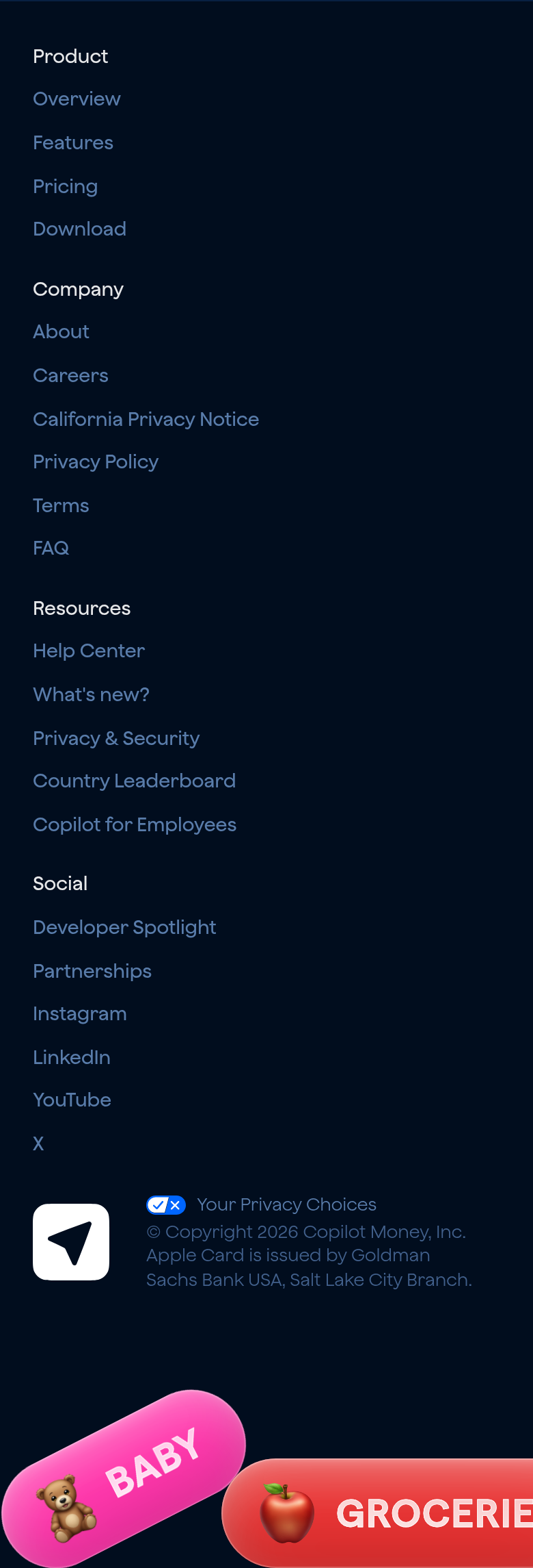 Footer section from Copilot Money, on a phone