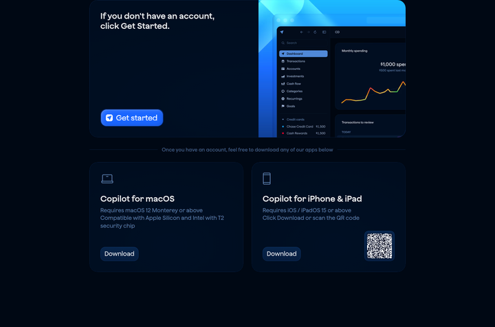 Get Started or Download an App section from Copilot Money