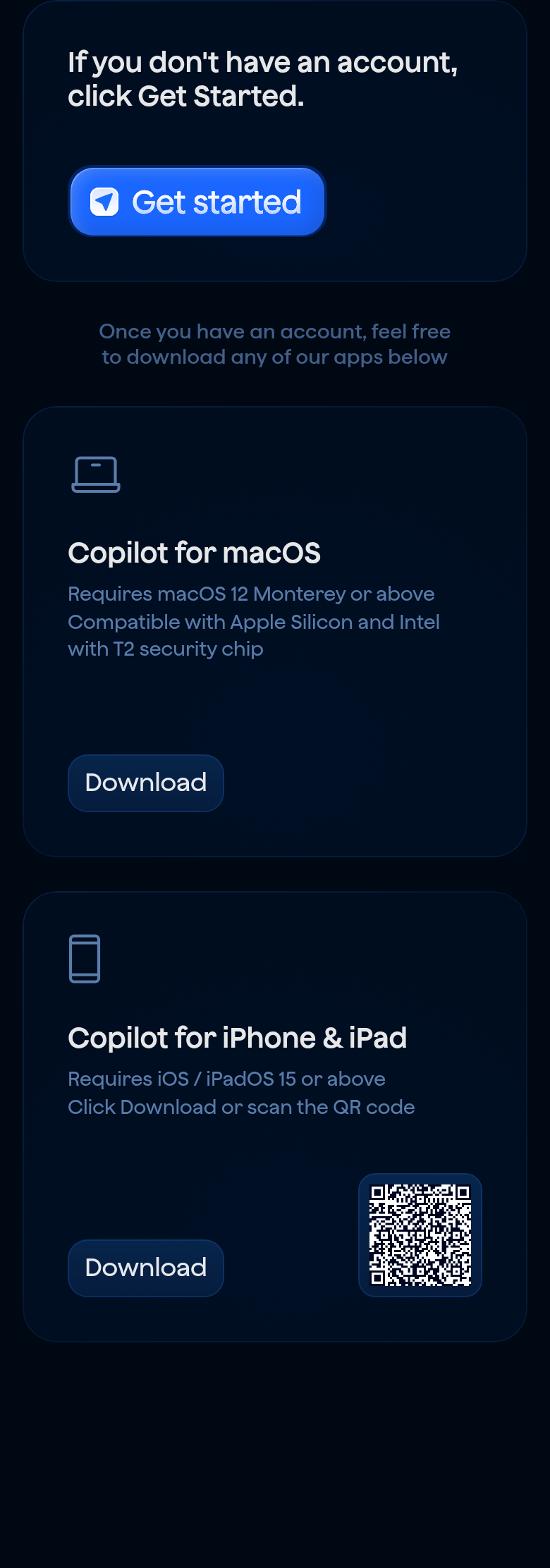 Get Started or Download an App section from Copilot Money, on a phone