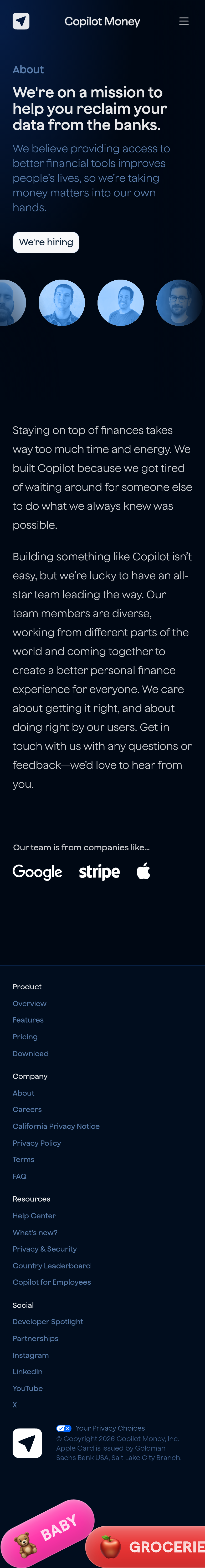 About page of Copilot Money, on a phone
