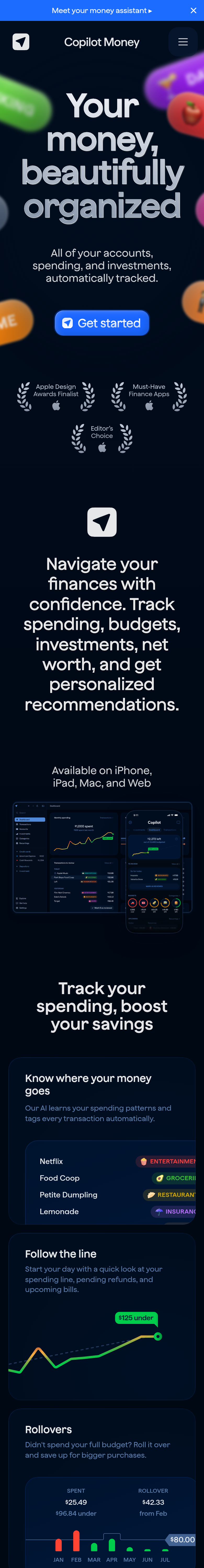 Home page of the Copilot Money website, on a phone