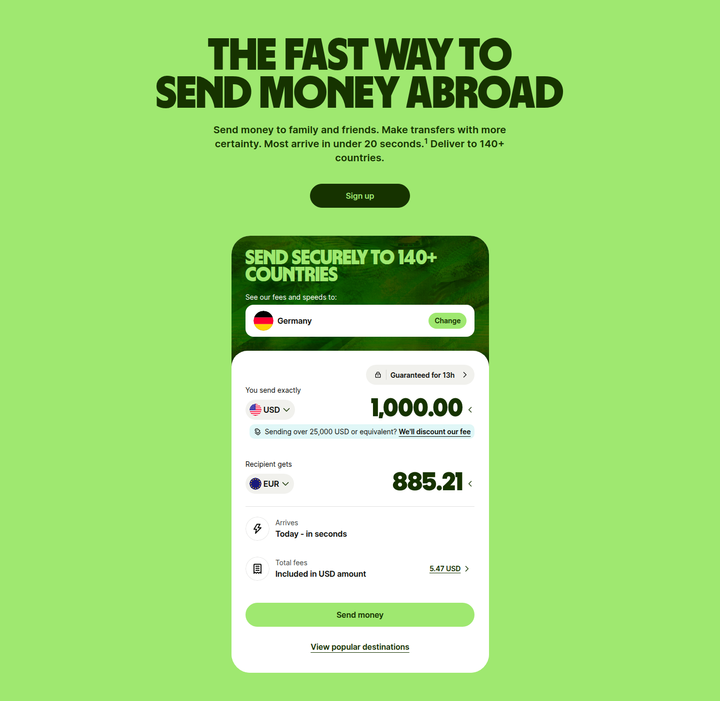 The Fast Way to Send Money Abroad section from Wise