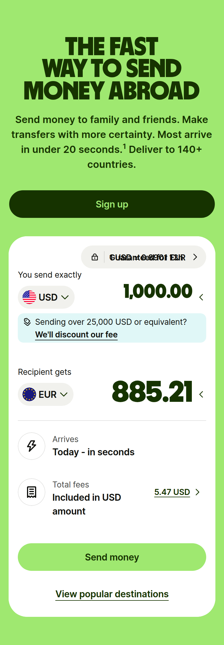 The Fast Way to Send Money Abroad section from Wise, on a phone