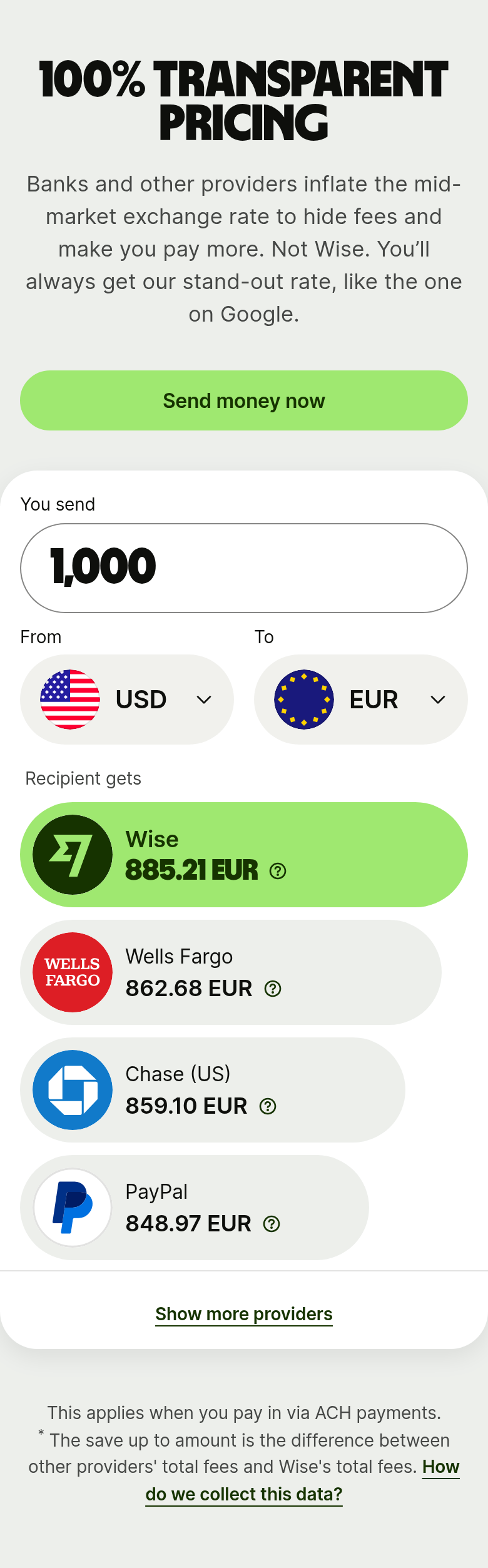 100% Transparent Pricing section from Wise, on a phone