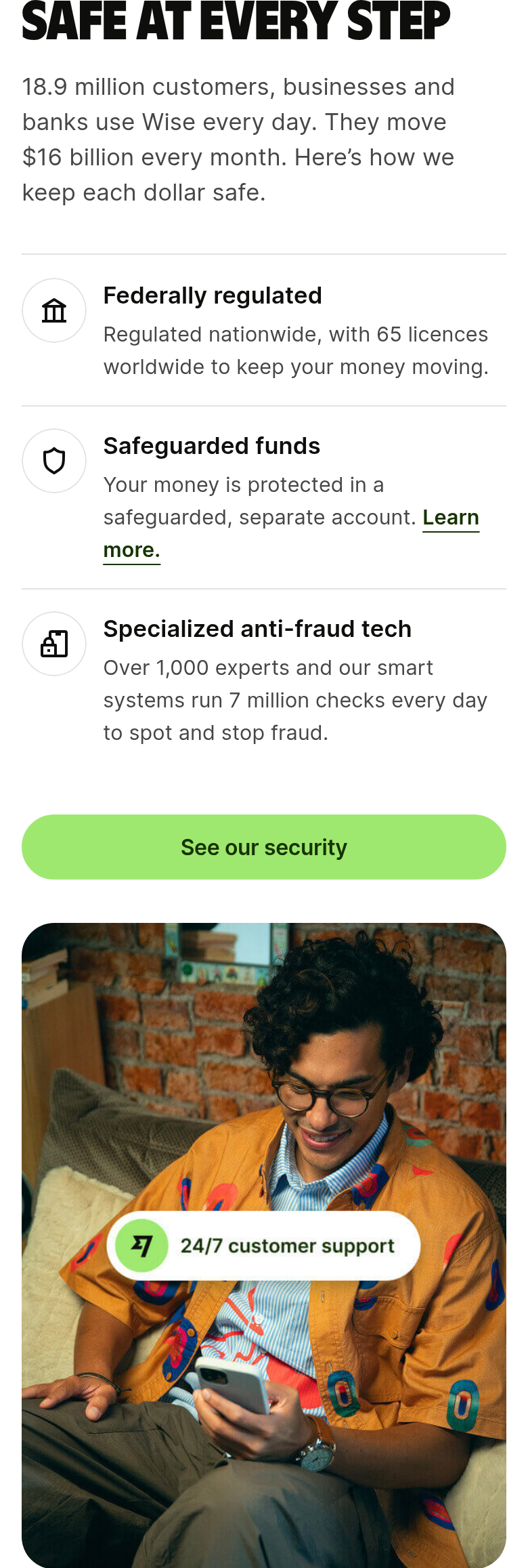Safe at Every Step section from Wise, on a phone