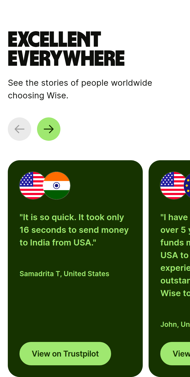Excellent Everywhere section from Wise, on a phone
