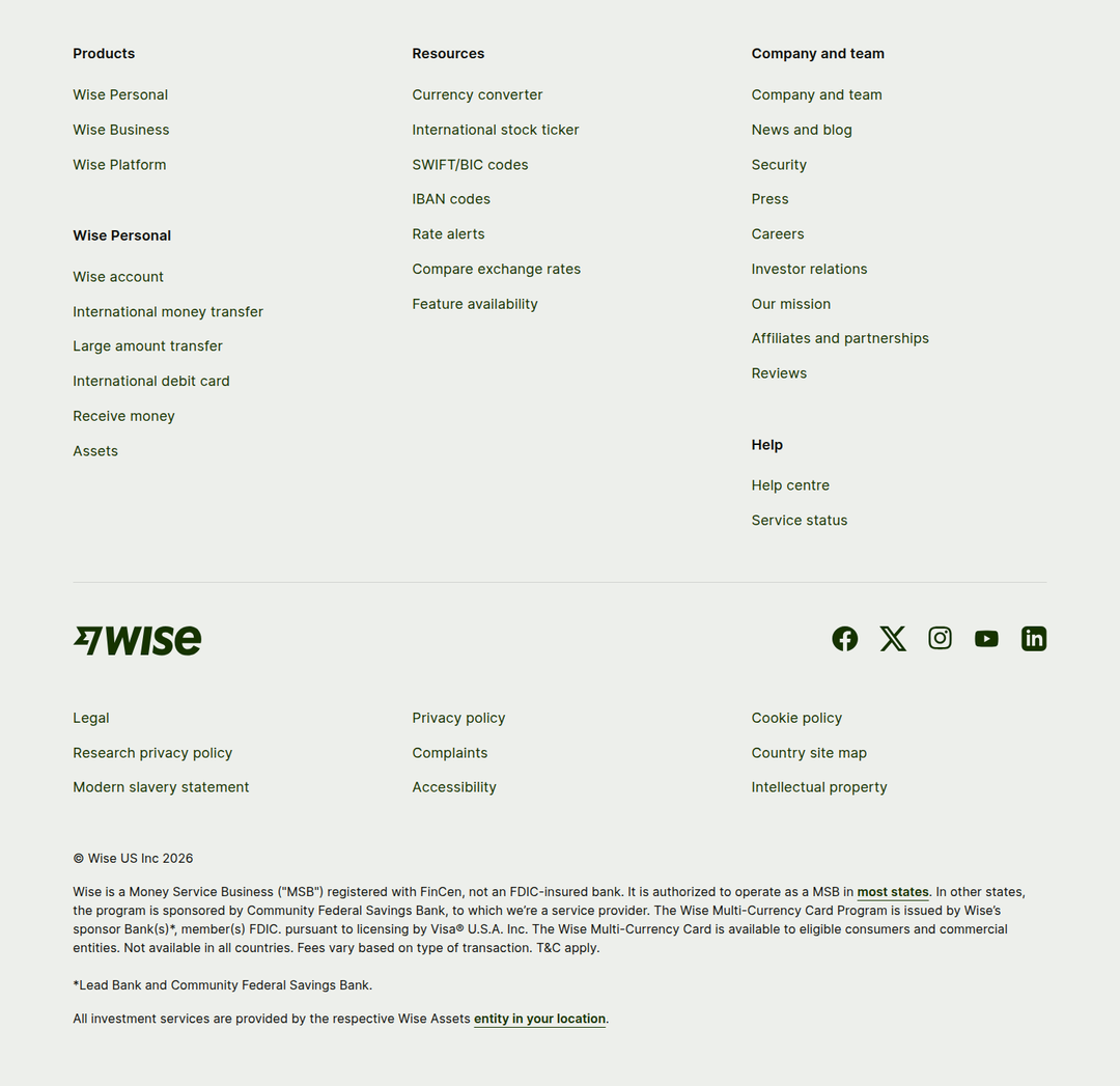Footer section from Wise