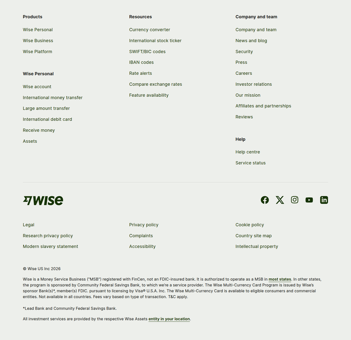Footer section from Wise