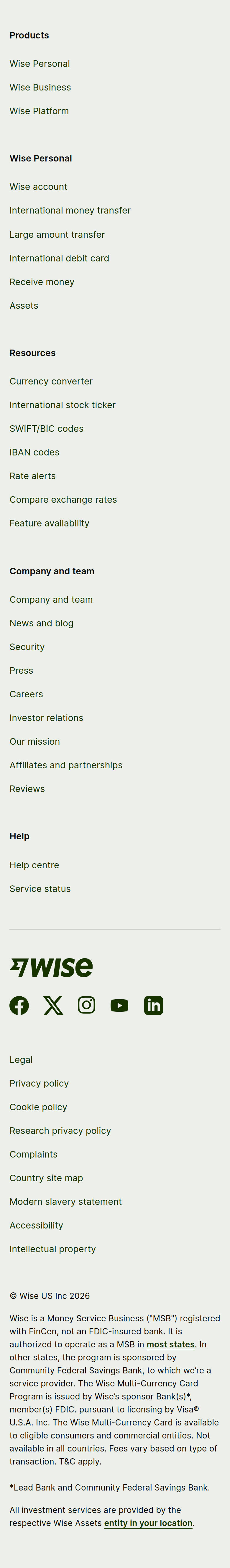 Footer section from Wise, on a phone