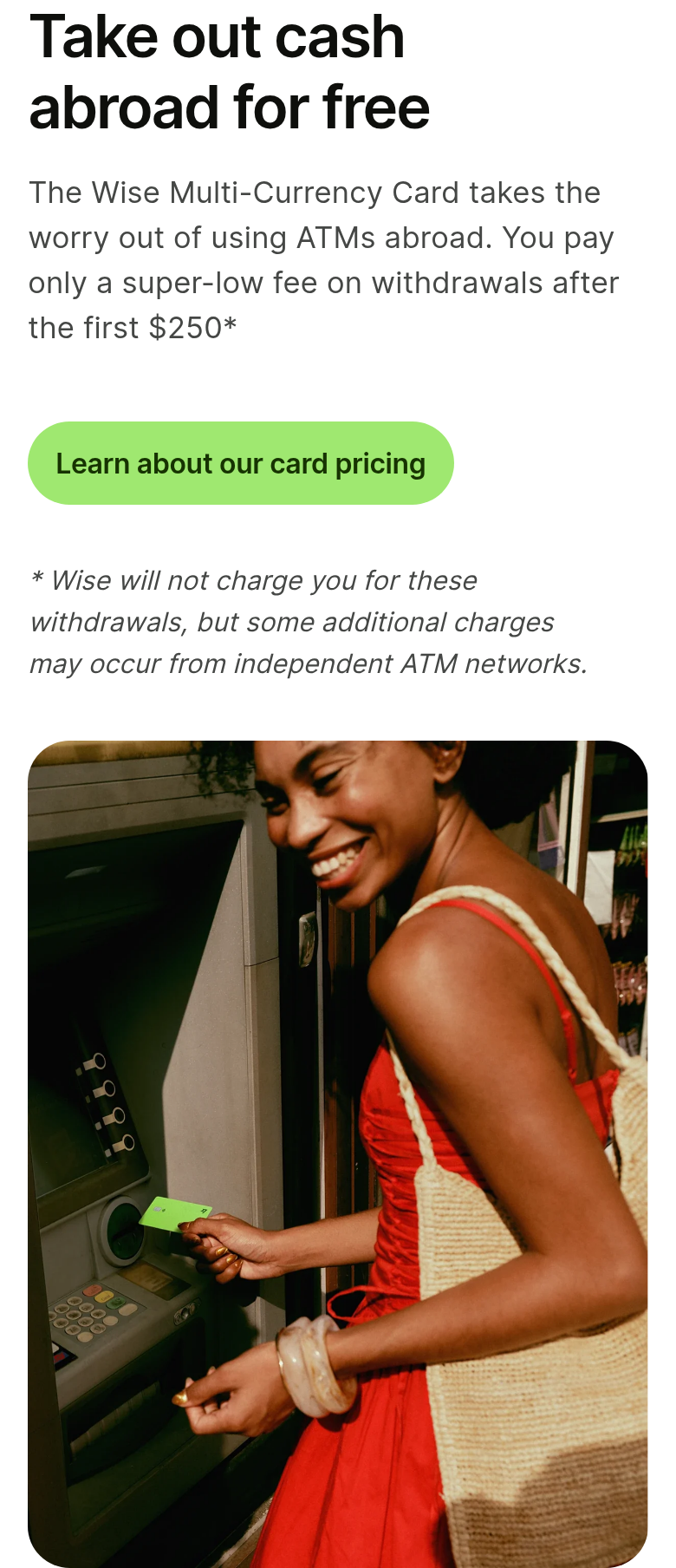 Take Out Cash Abroad for Free section from Wise, on a phone
