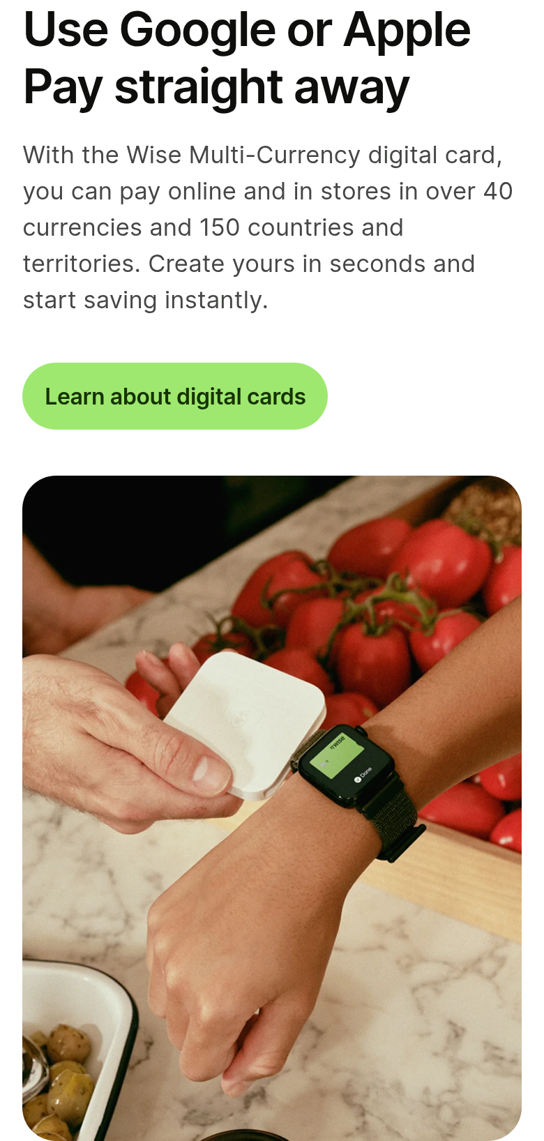 Use Google or Apple Pay Straight Away section from Wise, on a phone