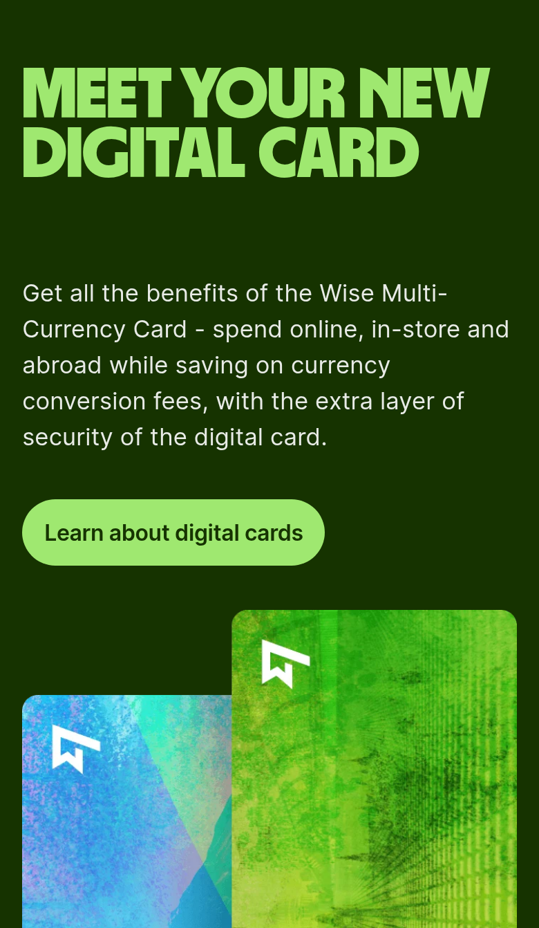 Meet Your New Digital Card section from Wise, on a phone