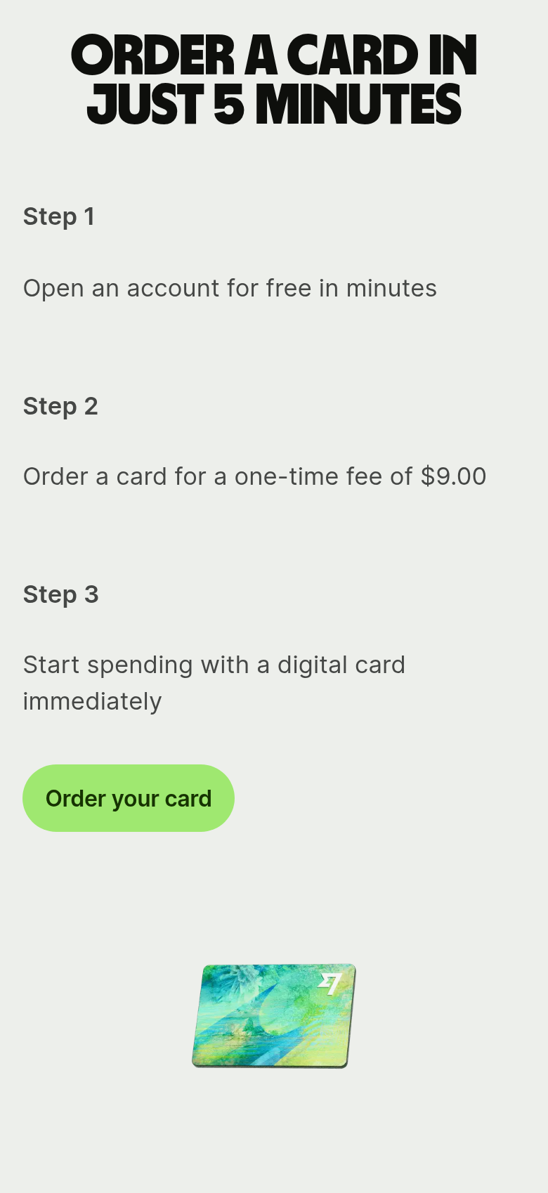 Order a Card in Just 5 Minutes section from Wise, on a phone