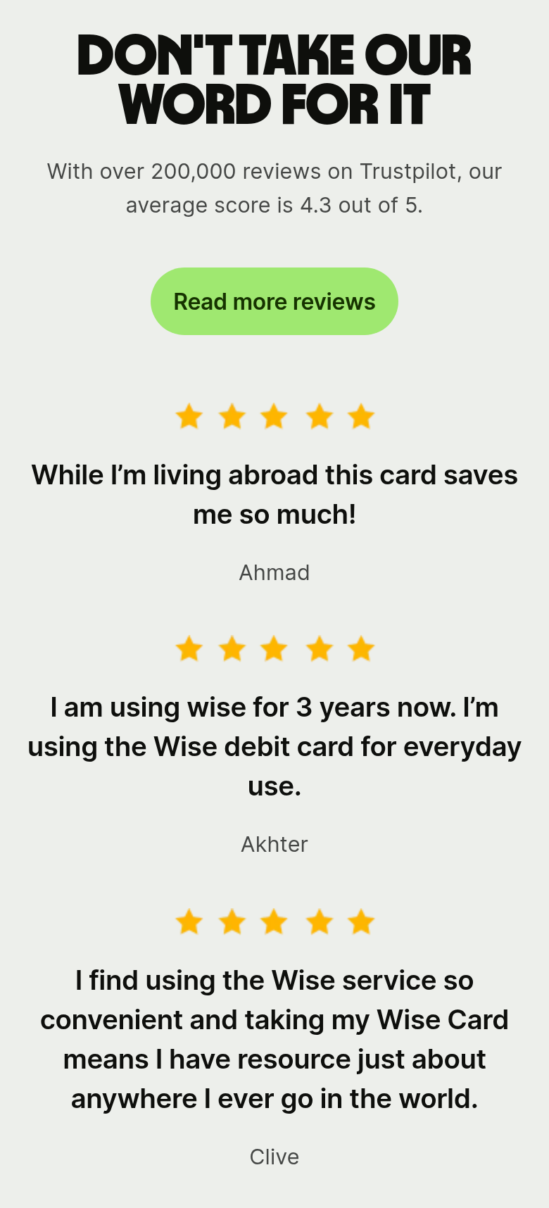 Don't Take Our Word for It section from Wise, on a phone