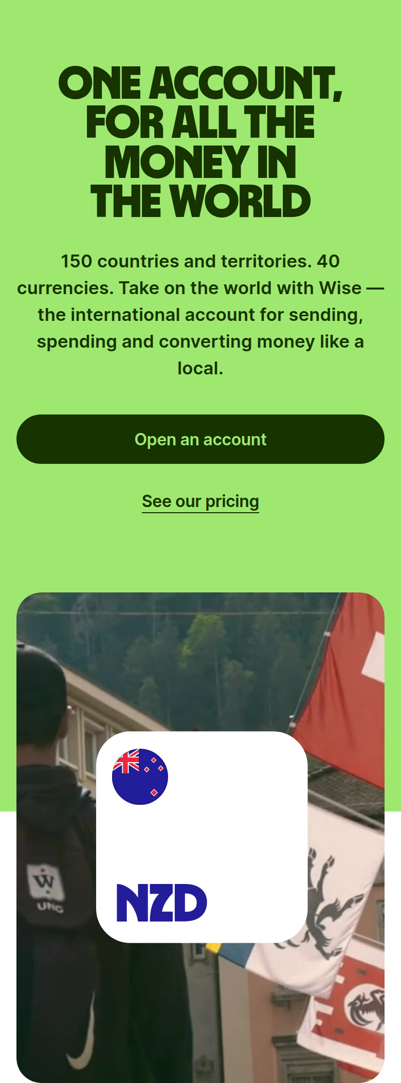 One Account, for All the Money in the World section from Wise, on a phone