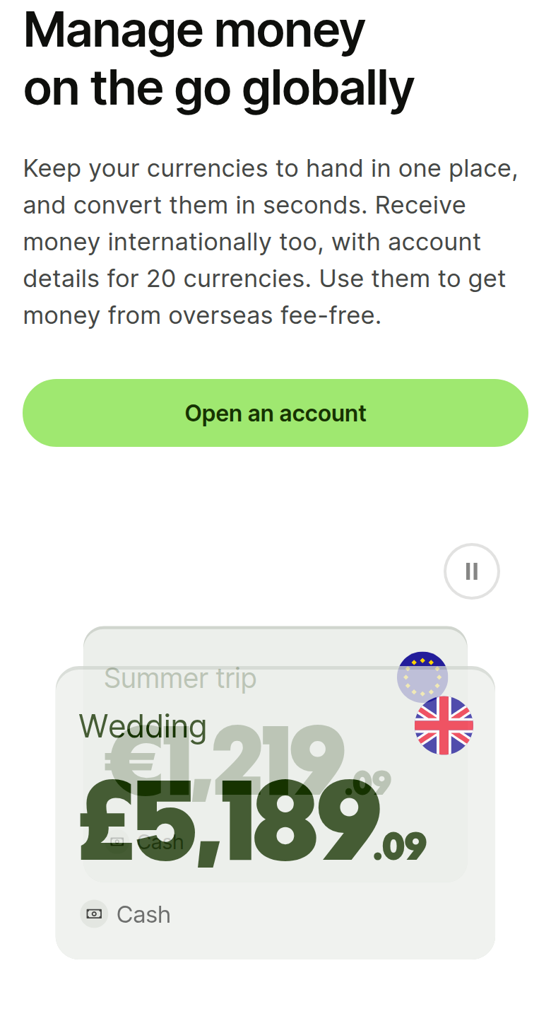 Manage Money on the Go Globally section from Wise, on a phone