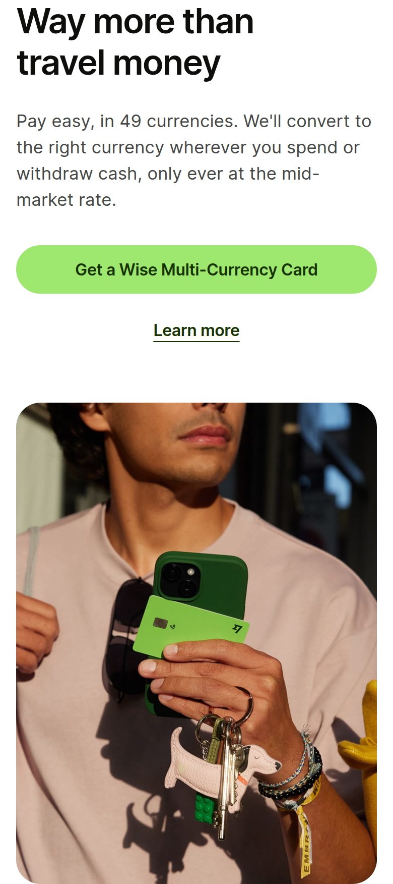 Way More Than Travel Money section from Wise, on a phone
