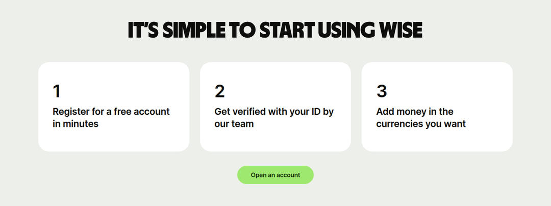 It's Simple to Start Using Wise section from Wise