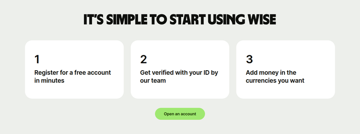 It's Simple to Start Using Wise section from Wise