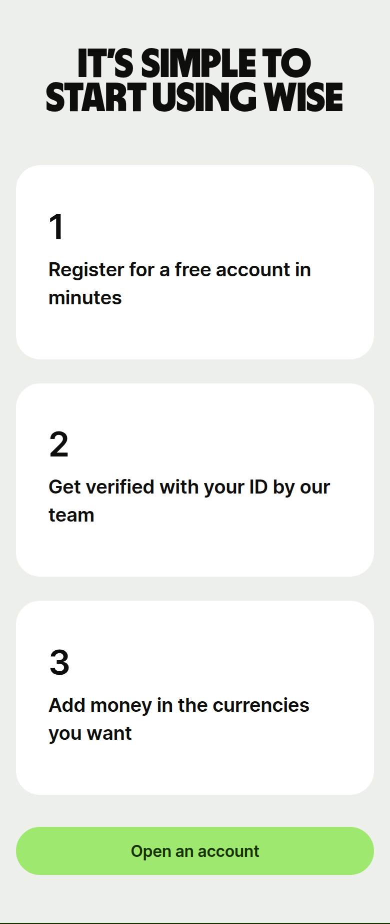 It's Simple to Start Using Wise section from Wise, on a phone