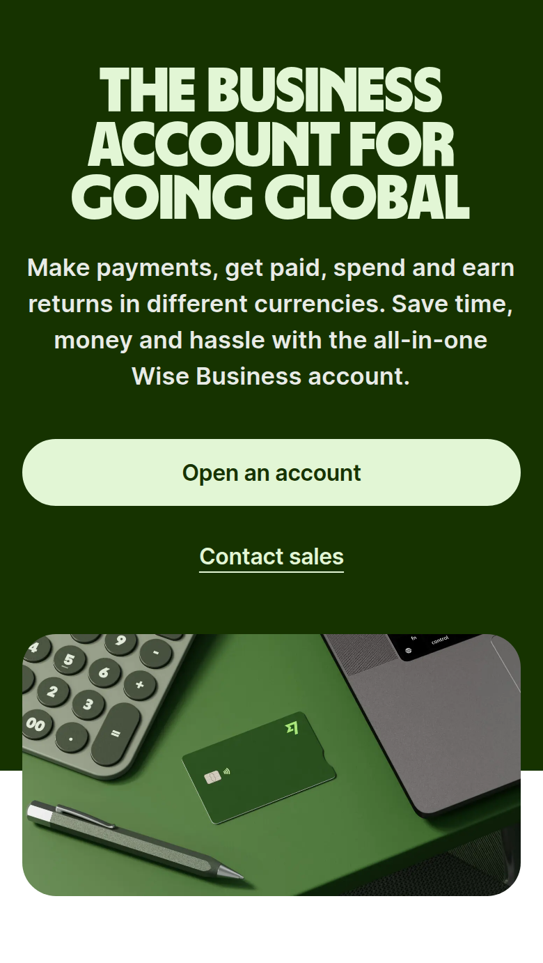 The Business Account for Going Global section from Wise, on a phone
