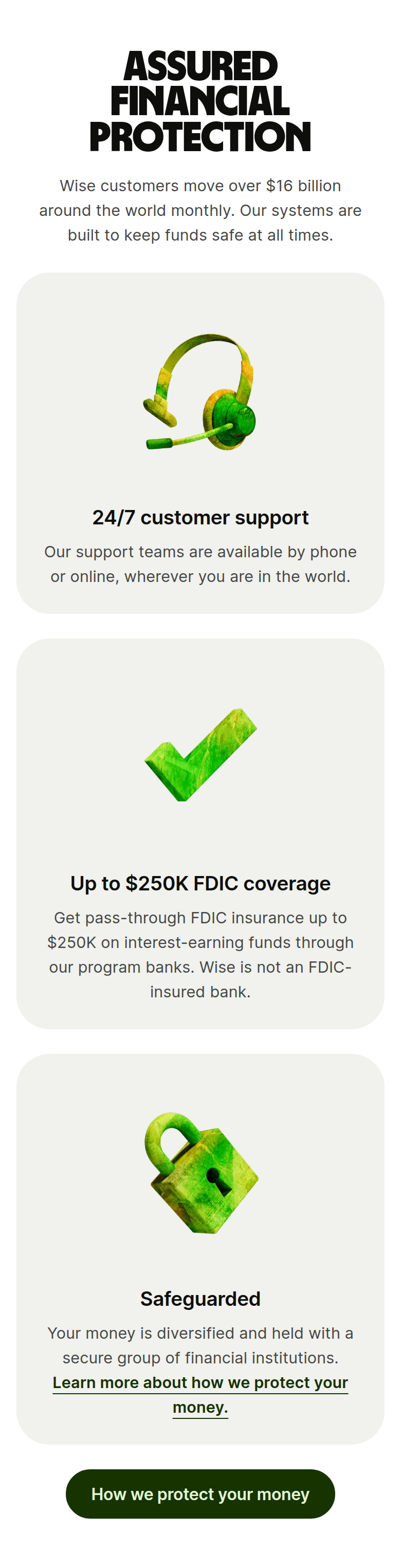 Assured Financial Protection section from Wise, on a phone