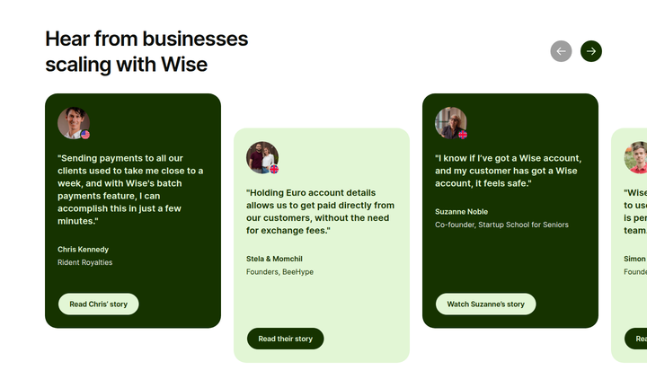 Hear from Businesses Scaling with Wise section from Wise