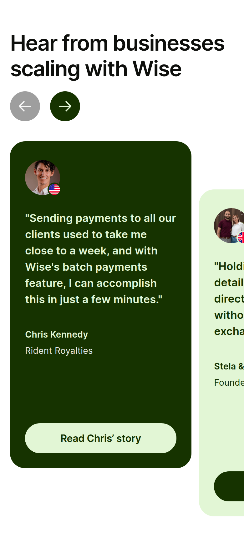 Hear from Businesses Scaling with Wise section from Wise, on a phone