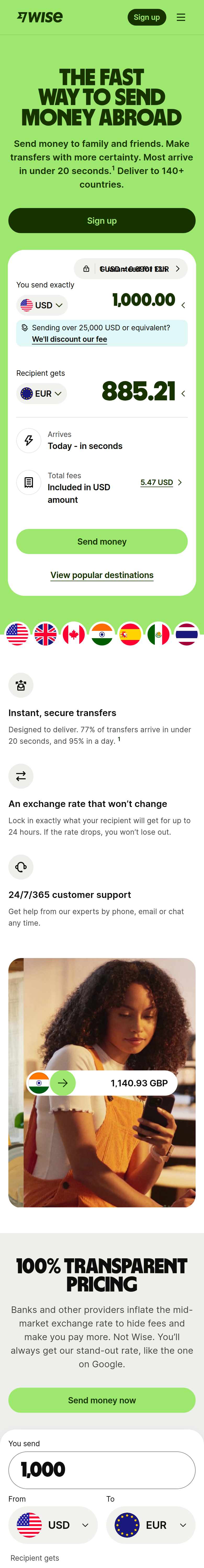 Home page of the Wise website, on a phone