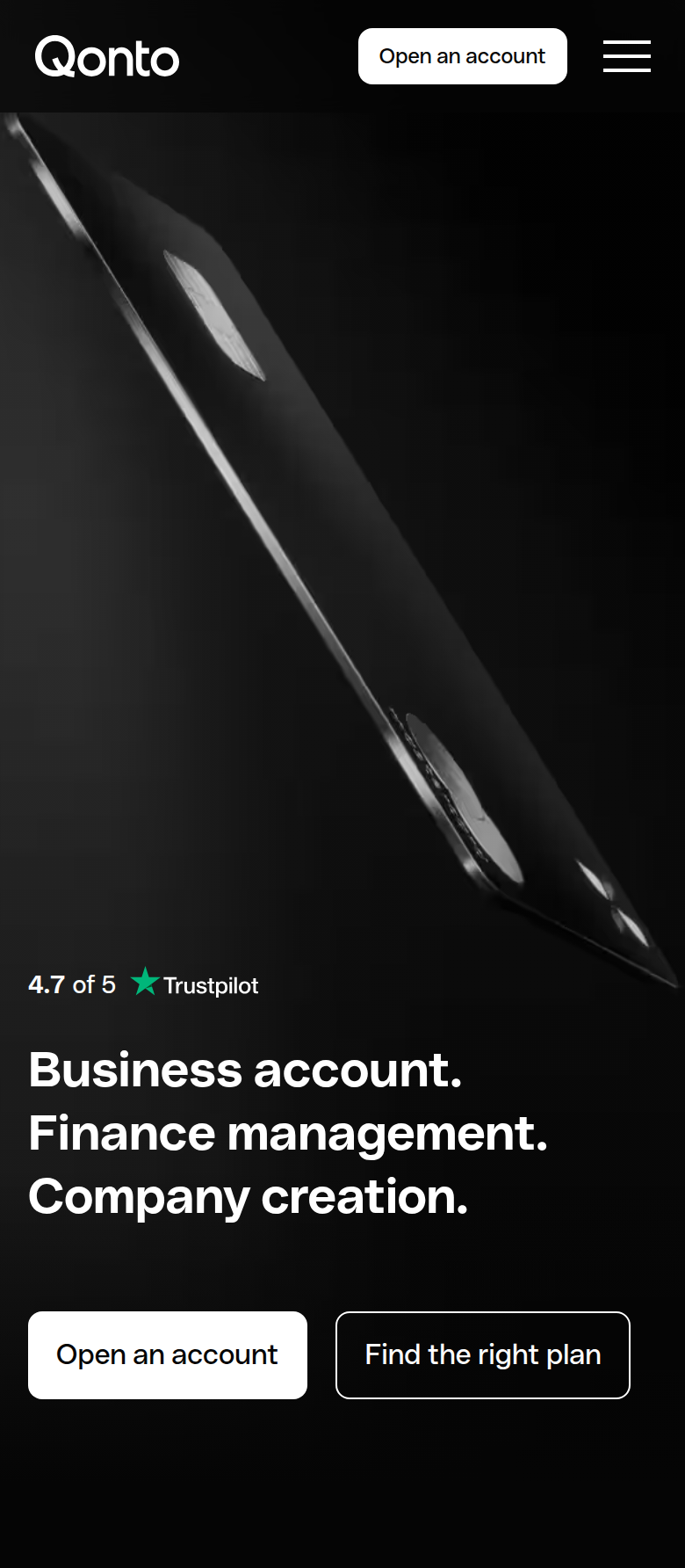 Business Account, Finance Management, Company Creation section from Qonto, on a phone