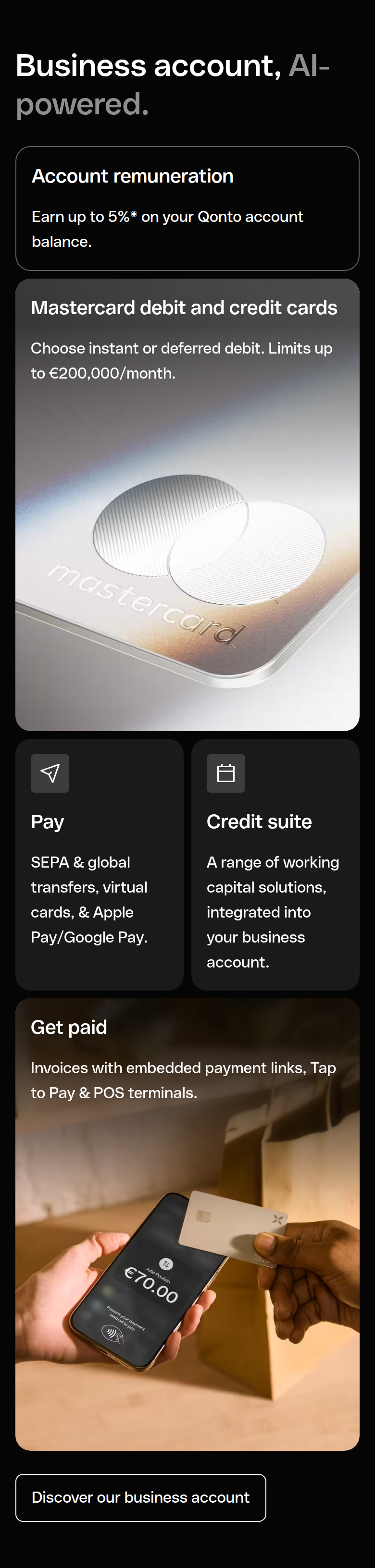 Business Account, AI-Powered section from Qonto, on a phone
