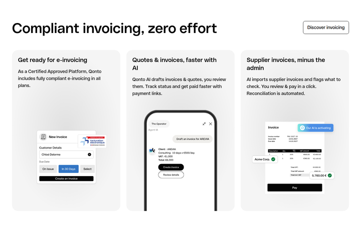 Compliant Invoicing, Zero Effort section from Qonto