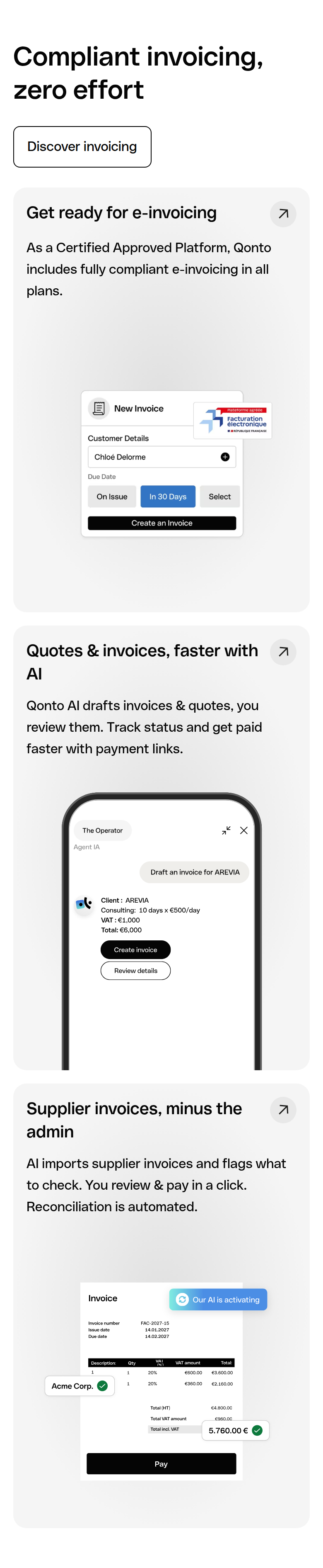 Compliant Invoicing, Zero Effort section from Qonto, on a phone