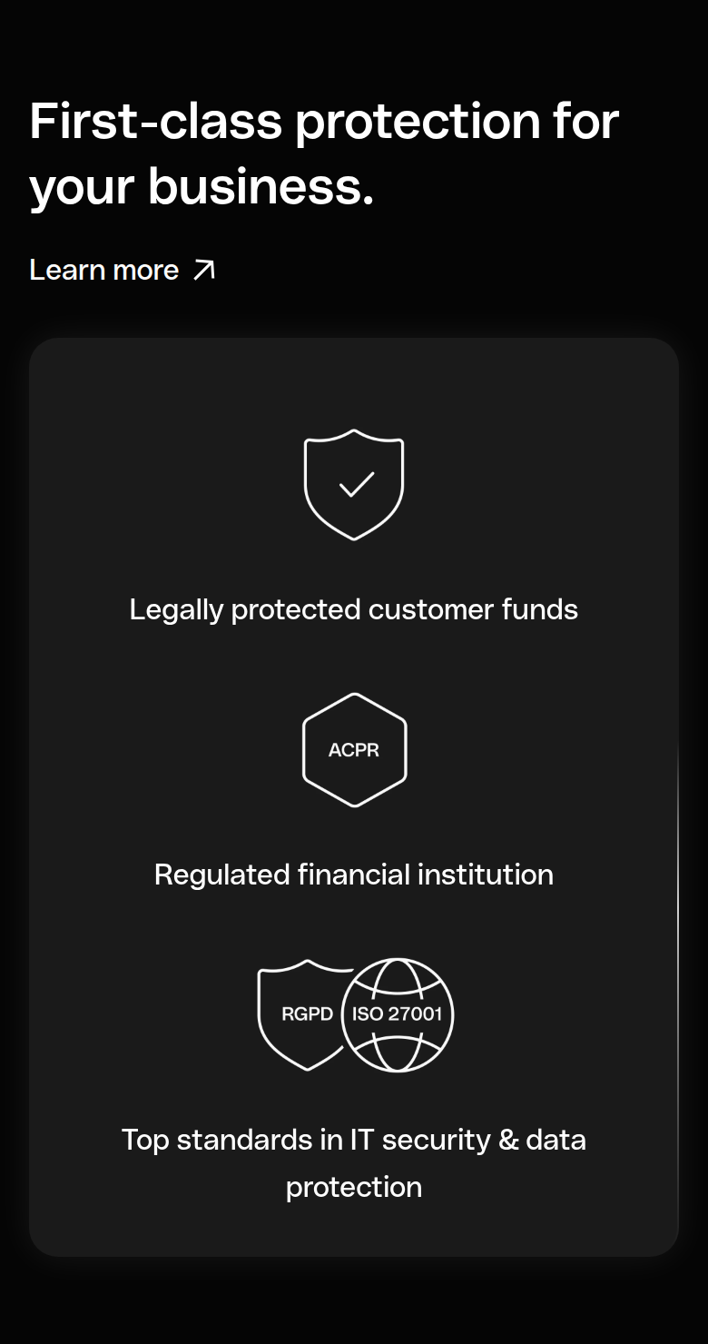 First-Class Protection for Your Business section from Qonto, on a phone