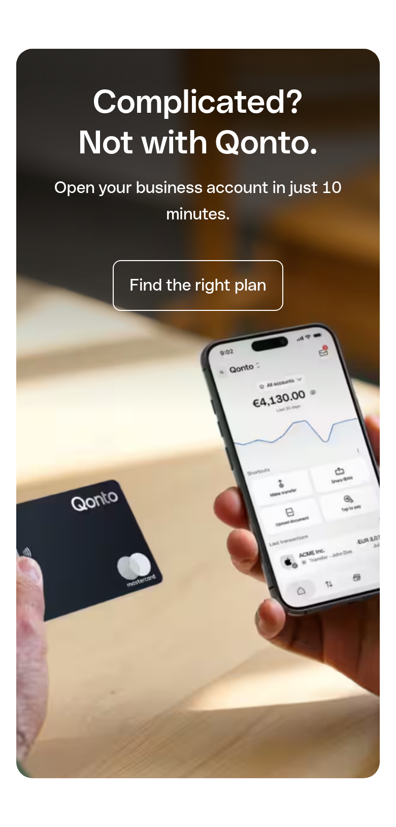 Complicated? Not with Qonto section from Qonto, on a phone