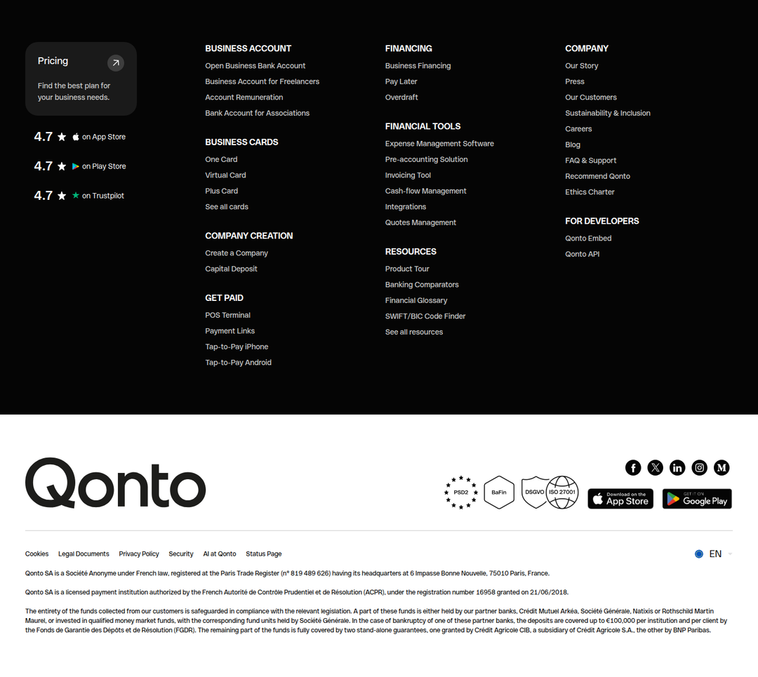 Footer section from Qonto