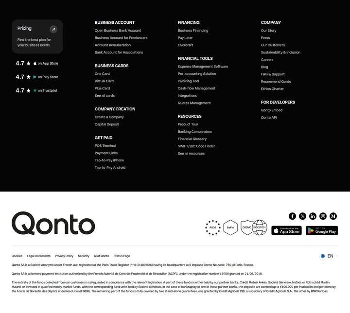 Footer section from Qonto
