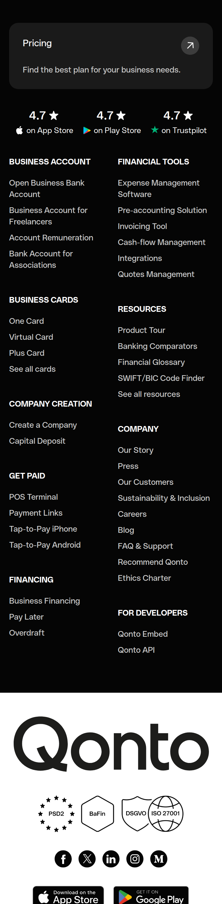 Footer section from Qonto, on a phone