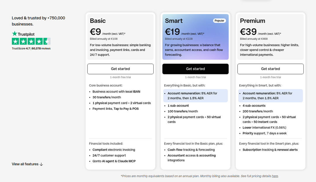 Pricing Plans section from Qonto
