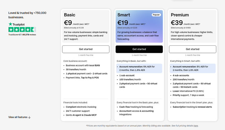 Pricing Plans section from Qonto