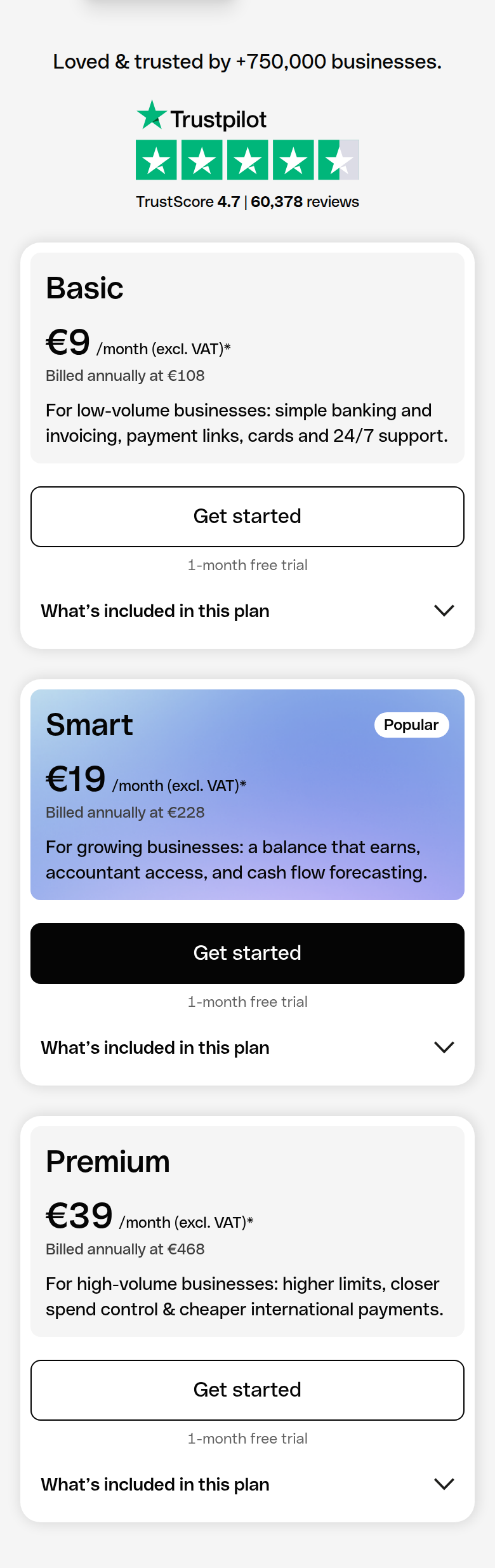 Pricing Plans section from Qonto, on a phone