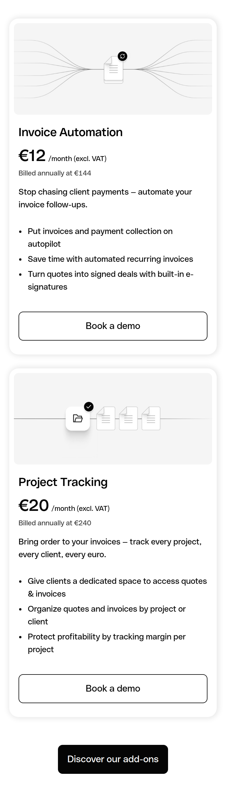 Invoice Automation and Project Tracking section from Qonto, on a phone