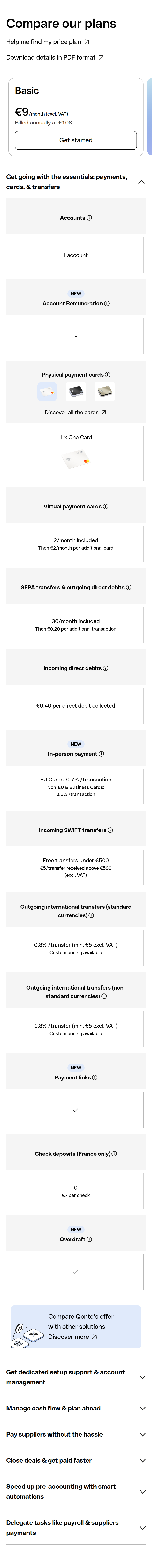 Compare Our Plans section from Qonto, on a phone