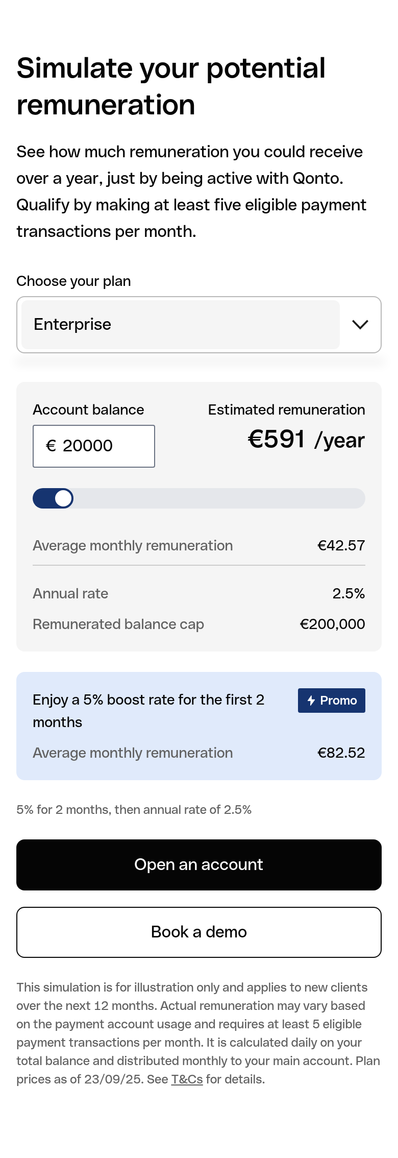 Simulate Your Potential Remuneration section from Qonto, on a phone